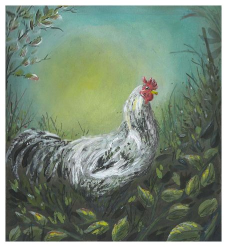 Weißer Hahn mit vereinzelt schwarzen Federn